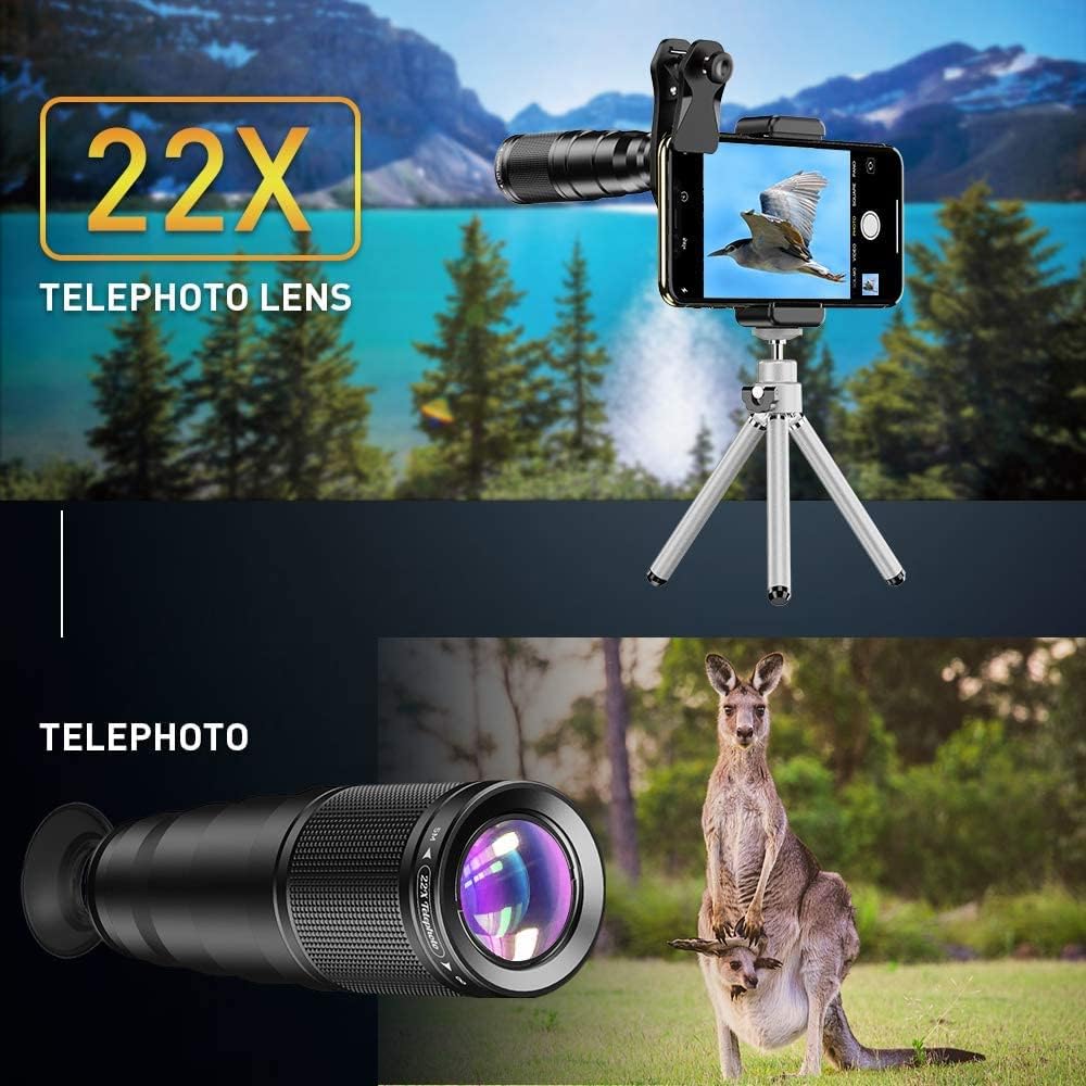 MicroEye 6 in 1 Phone Lens Kit - 22X Telephoto Lens, 205° Fisheye Lens, 120° Wide Angle Lens & 25X Macro Lens(Screwed Together), Compatible with iPhone 11 8 7 6 6s Plus X Xs/Max XR Samsung Black
