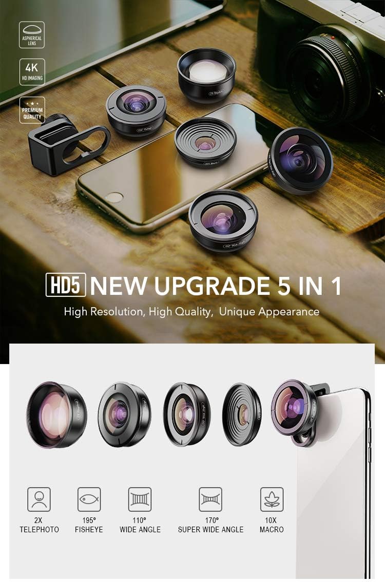 MicroEye HD Mobile Phone Camera Phone Lens Set - 10x Macro Lens, 2X Telephoto Lens, 110°Wide Angle, 170°Super Wide Angle, 195°Fisheye for Dual Lens/Single Lens iPhone Pixel Samsung Galaxy Smartphones