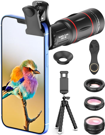 MicroEye 4 in 1 Phone Photography Kit, 18X Telephoto Lens, 198° Fisheye Lens, 15X Macro Lens, 0.63X Wide Angle Lens, Set with Flexible Phone Tripod, for iPhone 13/12/11/XS Max/XR/XS/X Samsung One Plus