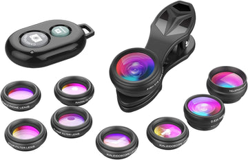 MicroEye Phone Camera Lens-Macro Lens+Wide Lens+Fisheye Lens+Telephoto Lens+CPL/Flow/Radial/Star Filter+Kaleidoscope 3/6 Lens 10 in 1 Lens Kit +Remote Shutter for iPhone, Samsung,LG and Most Smartphones