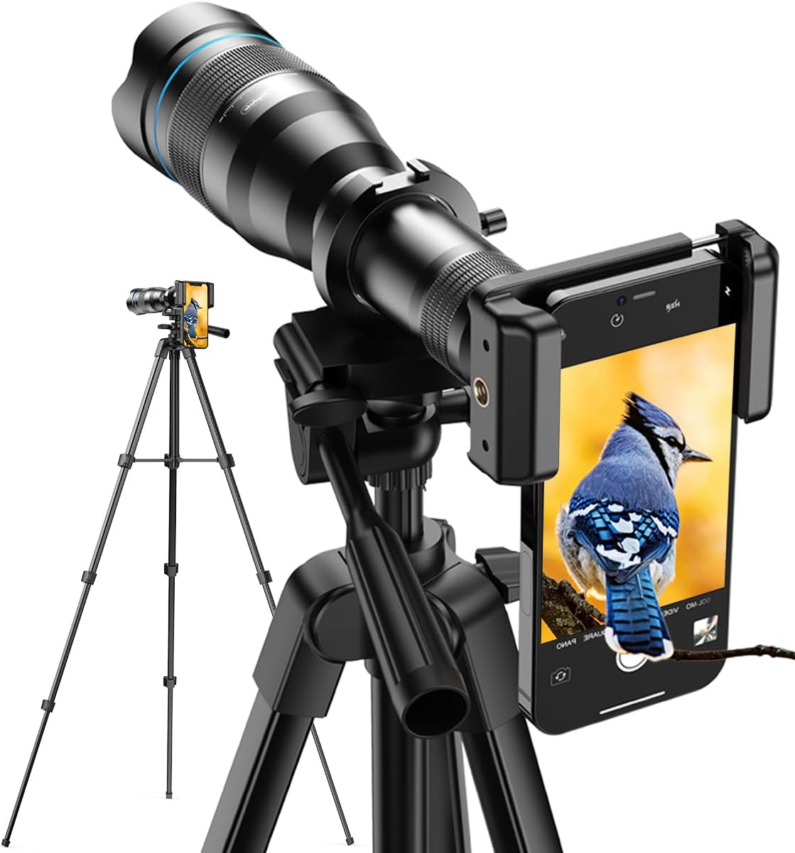 MicroEye High Power 60X HD Telephoto Lens, High Power Telephoto Phone Lens with Extension Tripod and Wireless Remote & 0.45X Wide Angle Lens 140°+ 12.5X Macro Len