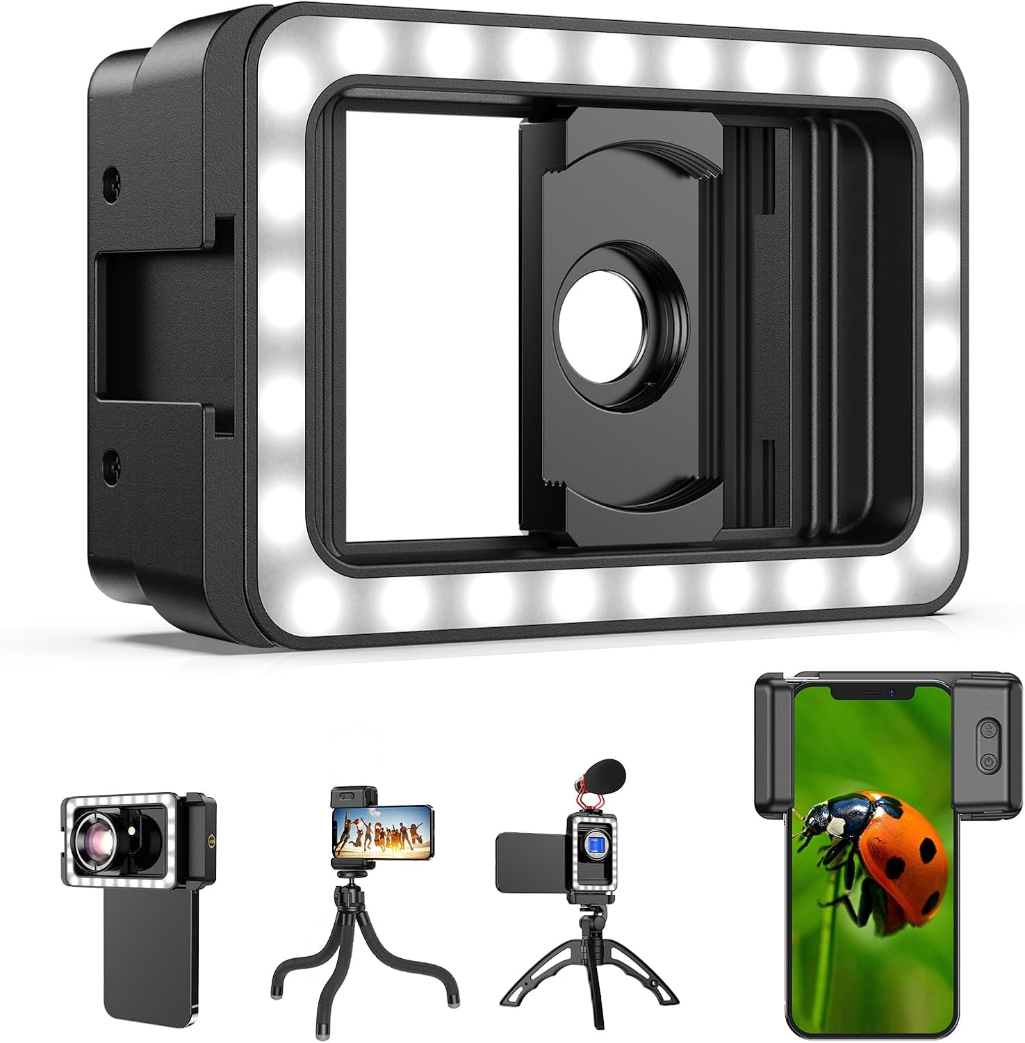 MicroEye 17mm+37mm Thread Lens Adapter with LED Fill Light, One-Piece Lens Phone Adapter for Android/iPhone, Lens Attachments for Macro/Wide Angle/Fisheye/Flow/Radial/Star Filter/Kaleidoscope Lens