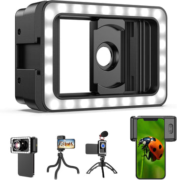 MicroEye 17mm+37mm Thread Lens Adapter with LED Fill Light, One-Piece Lens Phone Adapter for Android/iPhone, Lens Attachments for Macro/Wide Angle/Fisheye/Flow/Radial/Star Filter/Kaleidoscope Lens