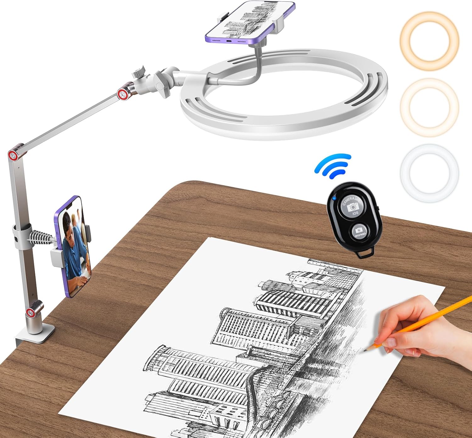 MicroEye Ring Light with Stand and Phone Holder, USB 10'' Ring Light for Desk with Remote Shutter, Overhead Phone Mount with Adjustable Arm and C-Clamp for Live Streaming/Photography/Makeup/TikTok