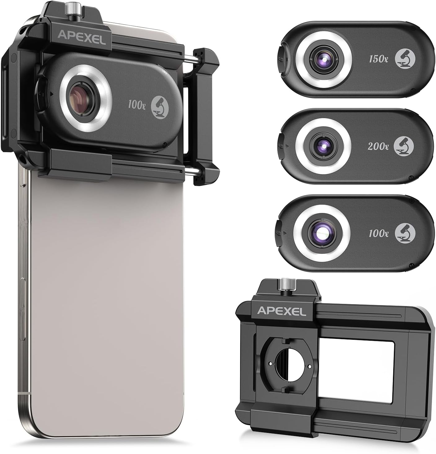 MicroEye 3-in-1 Phone Microscope Lens, 100X/150X/200X Nano Zoom Phone Micro Lens for Android/iPhone with LED UV Light/CPL/Universal Clip, Mini Pocket Digital Microscope, Portable Smartphone Camera