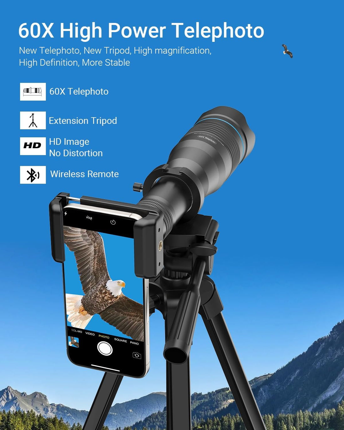 MicroEye High Power 60X HD Telephoto Lens, High Power Telephoto Mobile Cell Phone Lens with Extension Tripod and Wireless Remote for iPhone 15 Pro/14 Pro/13 Pro, Samsung and Most Smartphone.