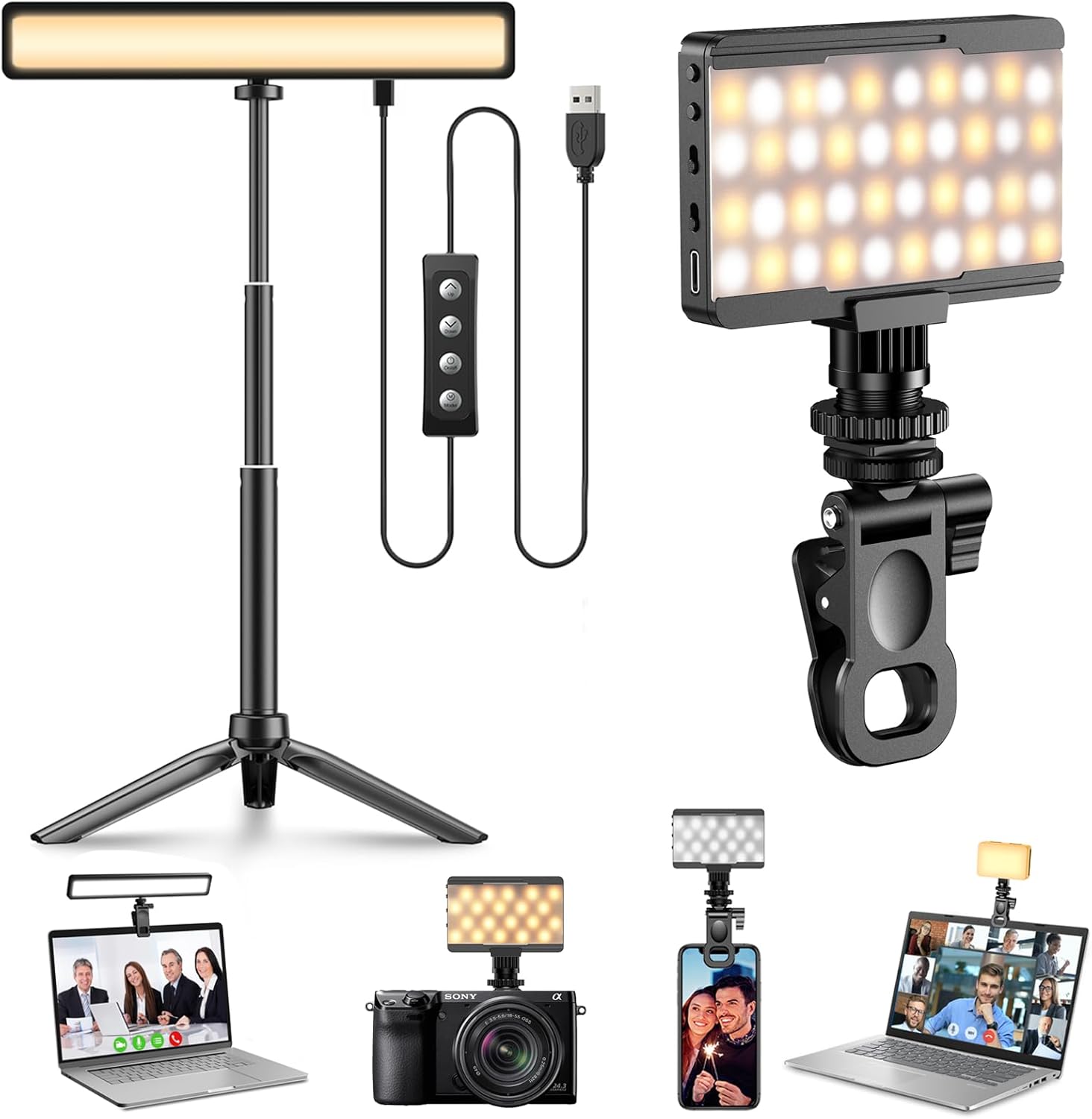 2 pcs Video Conference Lighting & Phone Selfie Light with Clip, Portable Light with CRI 95+, 3 Light Modes, 10-Level Brightness, Video Light for Laptop, iPhone, iPad, Makeup, Vlog, TikTok, Selfie