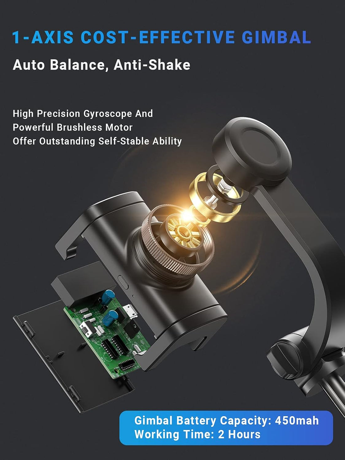 Gimbal Stabilizer For Smartphone, MicroEye 360° Rotation Auto Balance Small Portable Handhold Selfie Stick Tripod With Wireless Remote, 1-Axis Lightweight Extendable Stabilizer Gimble Iphone Phone Gopro