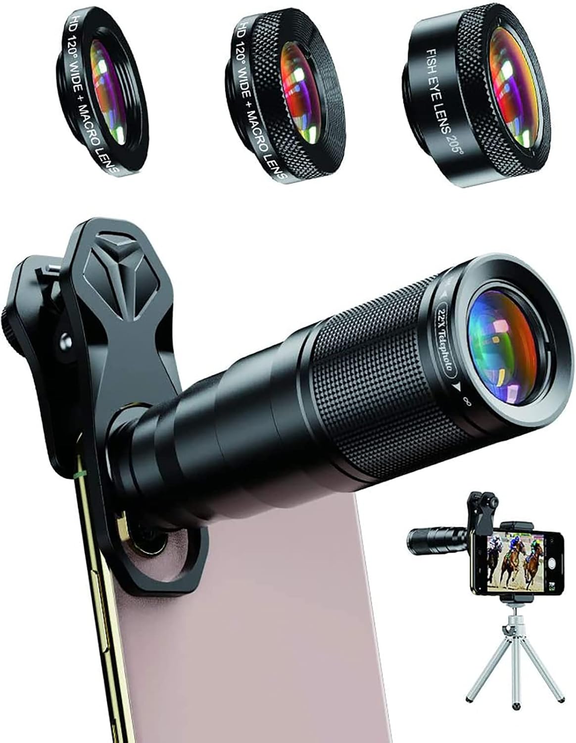 MicroEye 6 in 1 Phone Lens Kit - 22X Telephoto Lens, 205° Fisheye Lens, 120° Wide Angle Lens & 25X Macro Lens(Screwed Together), Compatible with iPhone 11 8 7 6 6s Plus X Xs/Max XR Samsung Black