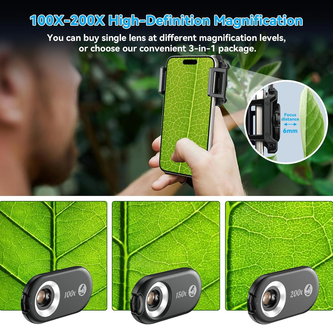 MicroEye 3-in-1 Phone Microscope Lens, 100X/150X/200X Nano Zoom Phone Micro Lens for Android/iPhone with LED UV Light/CPL/Universal Clip, Mini Pocket Digital Microscope, Portable Smartphone Camera