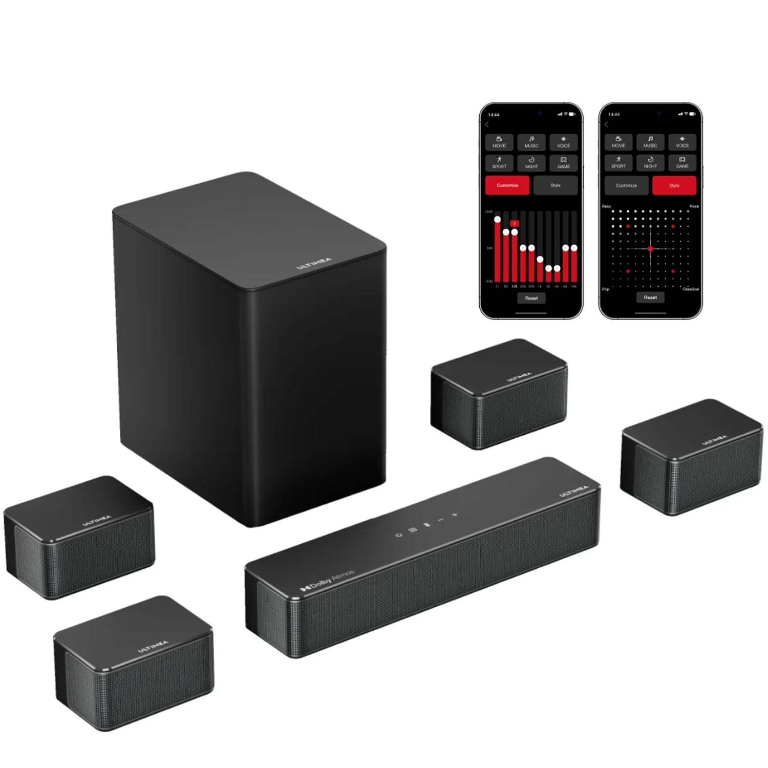 MicroEye 7.1 Soundbar with Dolby Atmos and APP Control, Home Theater Bluetooth Speaker with Wrieless Subwoofer&4 Surround Speaker