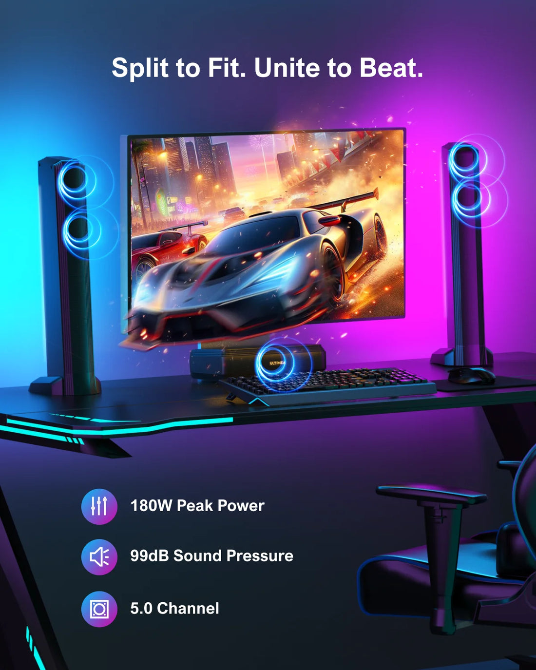 MicroEye 180W 5.0 Sound Bar for tv, PC SoundBar with RGB for Home Theater, Detachable Soundbar with App Control, HDMI-ARC/Opt/AUX