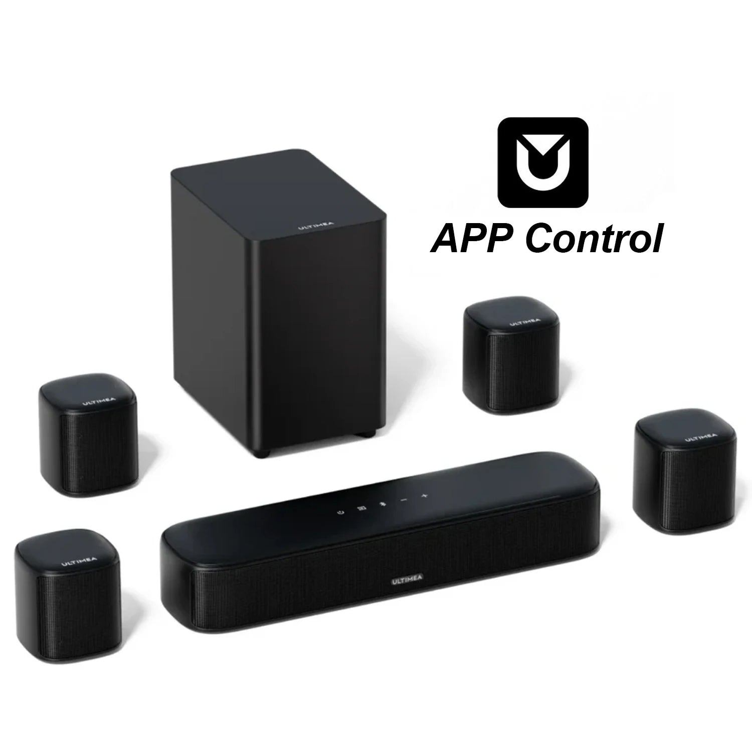 MicroEye 7.1ch Virtual Surround Soundbar, Peak Power 330W, TV Sound Bar with Subwoofer and 4 Surround Speakers, Smart App Control