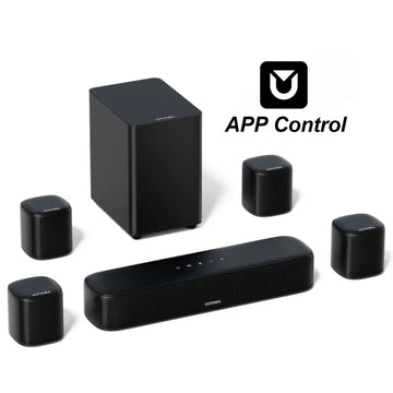 MicroEye 7.1ch Virtual Surround Soundbar, Peak Power 330W, TV Sound Bar with Subwoofer and 4 Surround Speakers, Smart App Control