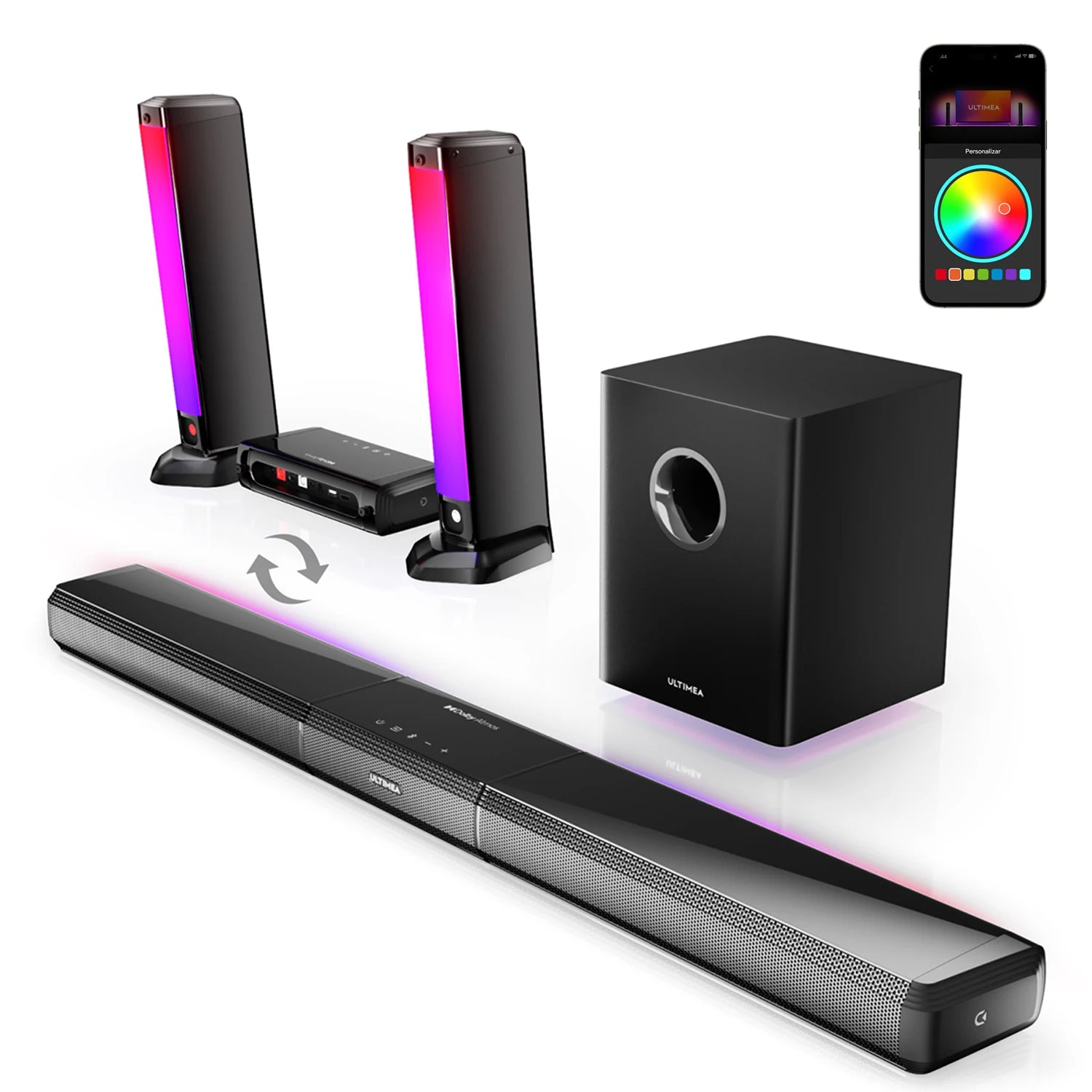 MicroEye 320W 5.1ch Sound Bar Surround Sound System with Dolby Atmos&App Control, Detachable PC Soundbar with RGB Light
